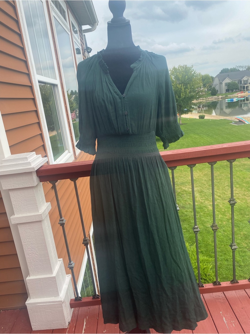 GAP Womens S Green Crinkle Gauze Midi Dress Smocked Waist Boho Cottagecore